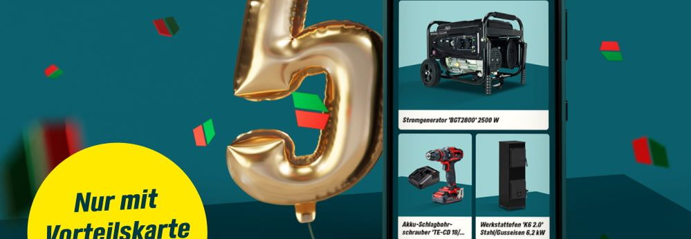 Smartphonescreen zeigt App-Deals bei toom, daneben eine 5 als Ballon und der Hinweis "Nur mit Vorteilskarte in der App"